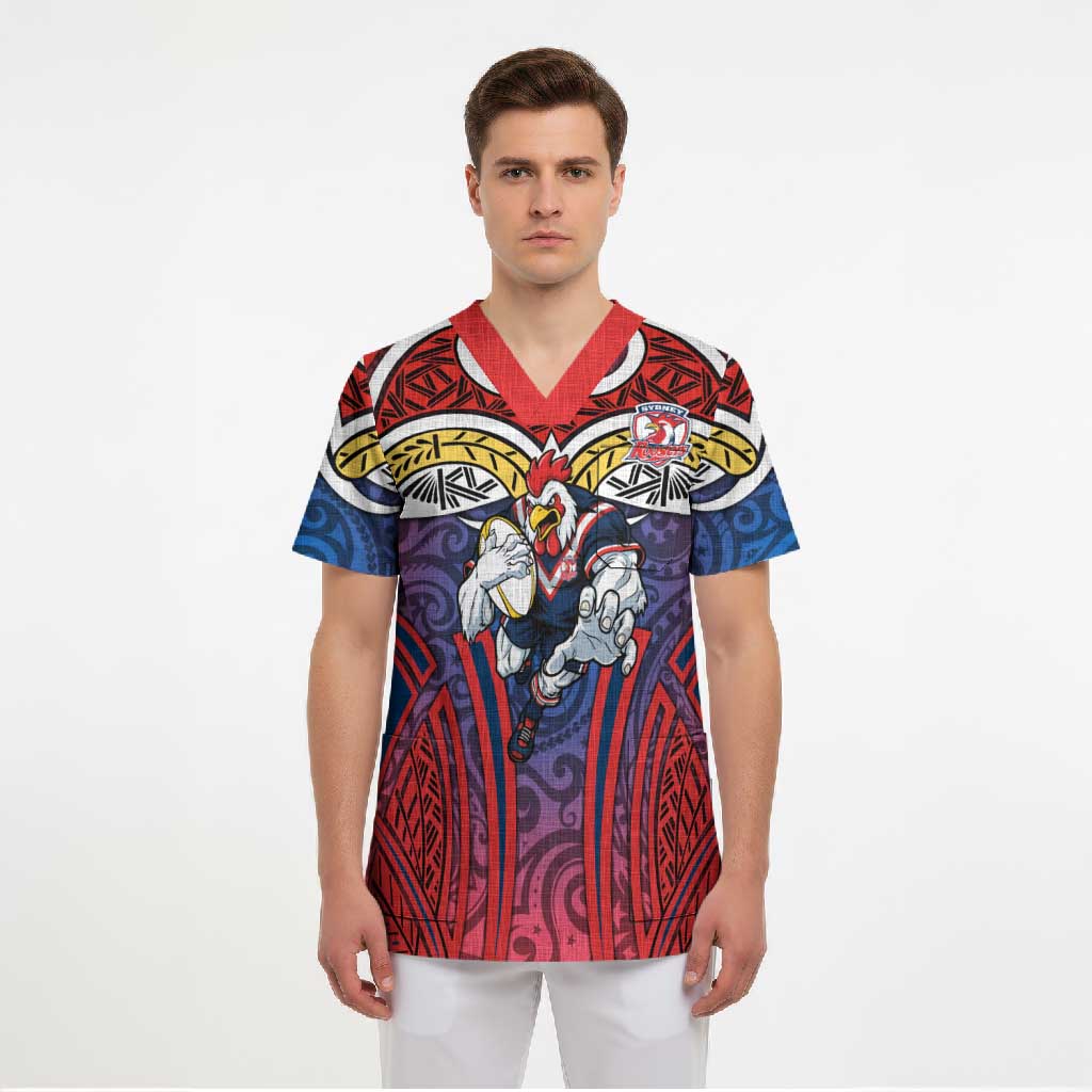 Sydney Roosters Rugby Scrub Top Polynesian Tribal Rooster Warrior Red Blue Pattern