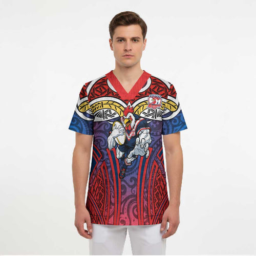 Sydney Roosters Rugby Scrub Top Polynesian Tribal Rooster Warrior Red Blue Pattern