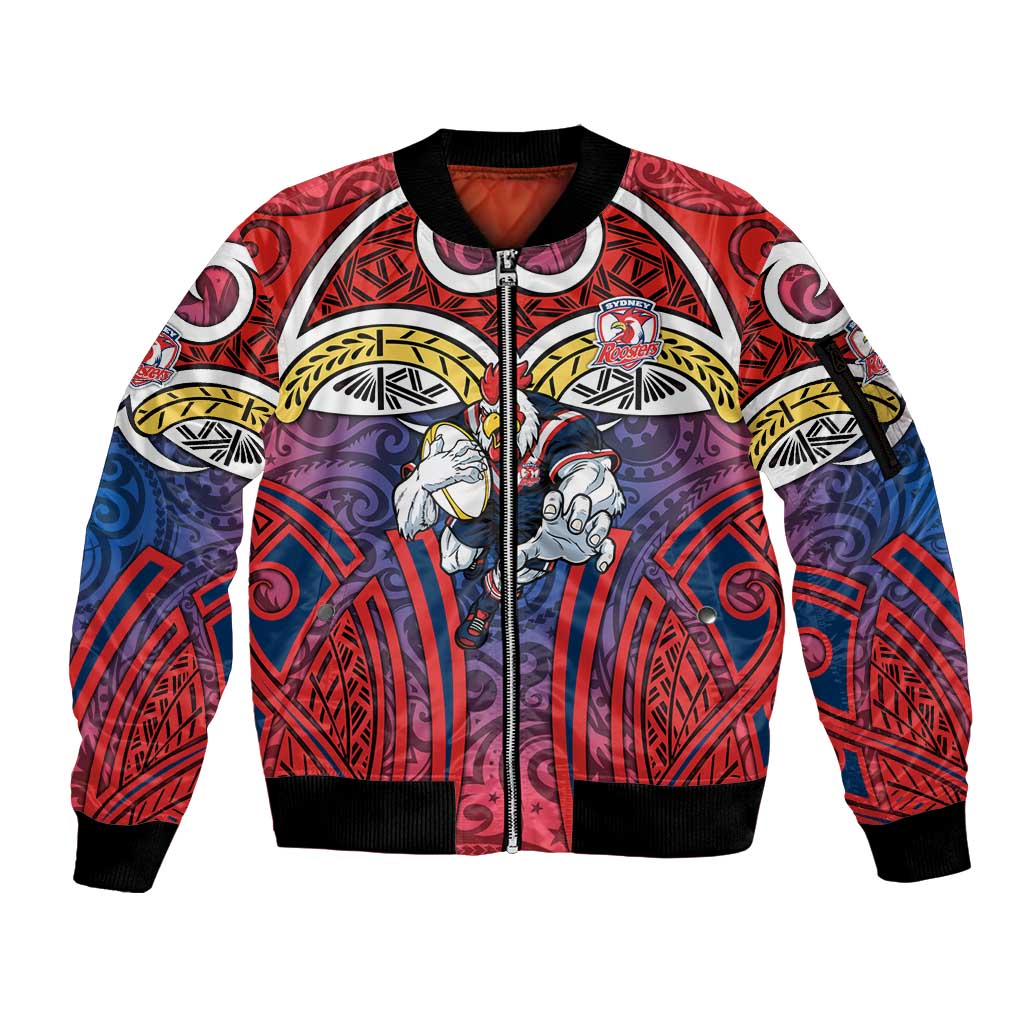 Sydney Roosters Rugby Sleeve Zip Bomber Jacket Polynesian Tribal Rooster Warrior Red Blue Pattern