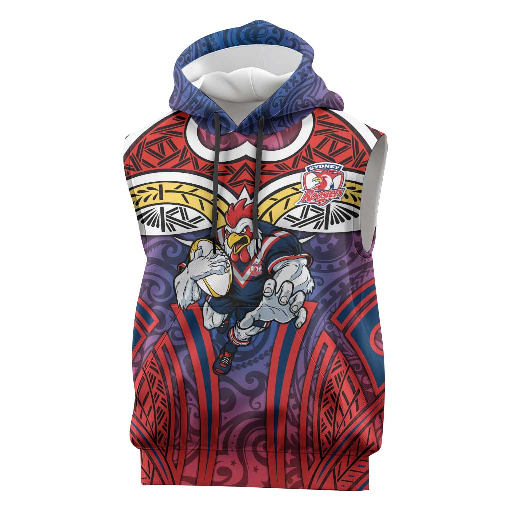 Sydney Roosters Rugby Sleeveless Hoodie Polynesian Tribal Rooster Warrior Red Blue Pattern