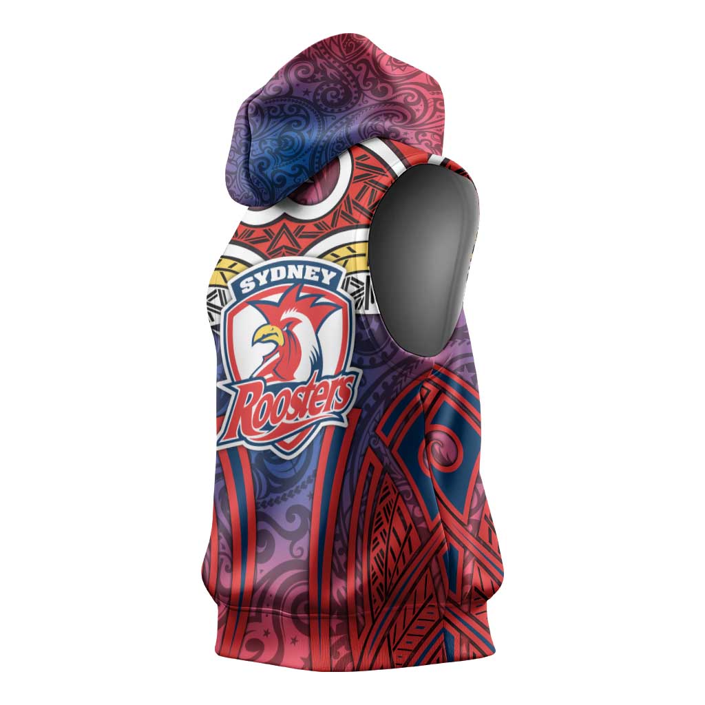 Sydney Roosters Rugby Sleeveless Hoodie Polynesian Tribal Rooster Warrior Red Blue Pattern