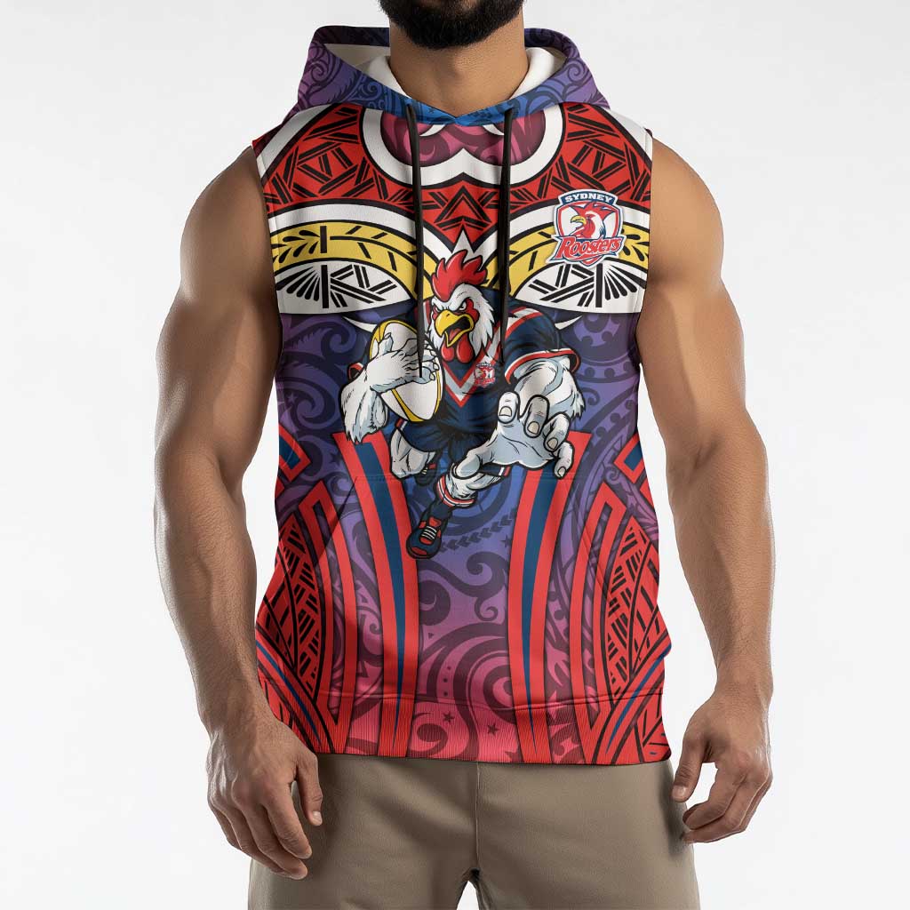 Sydney Roosters Rugby Sleeveless Hoodie Polynesian Tribal Rooster Warrior Red Blue Pattern