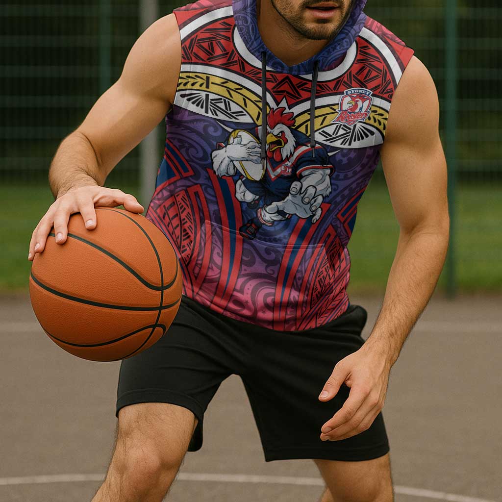 Sydney Roosters Rugby Sleeveless Hoodie Polynesian Tribal Rooster Warrior Red Blue Pattern