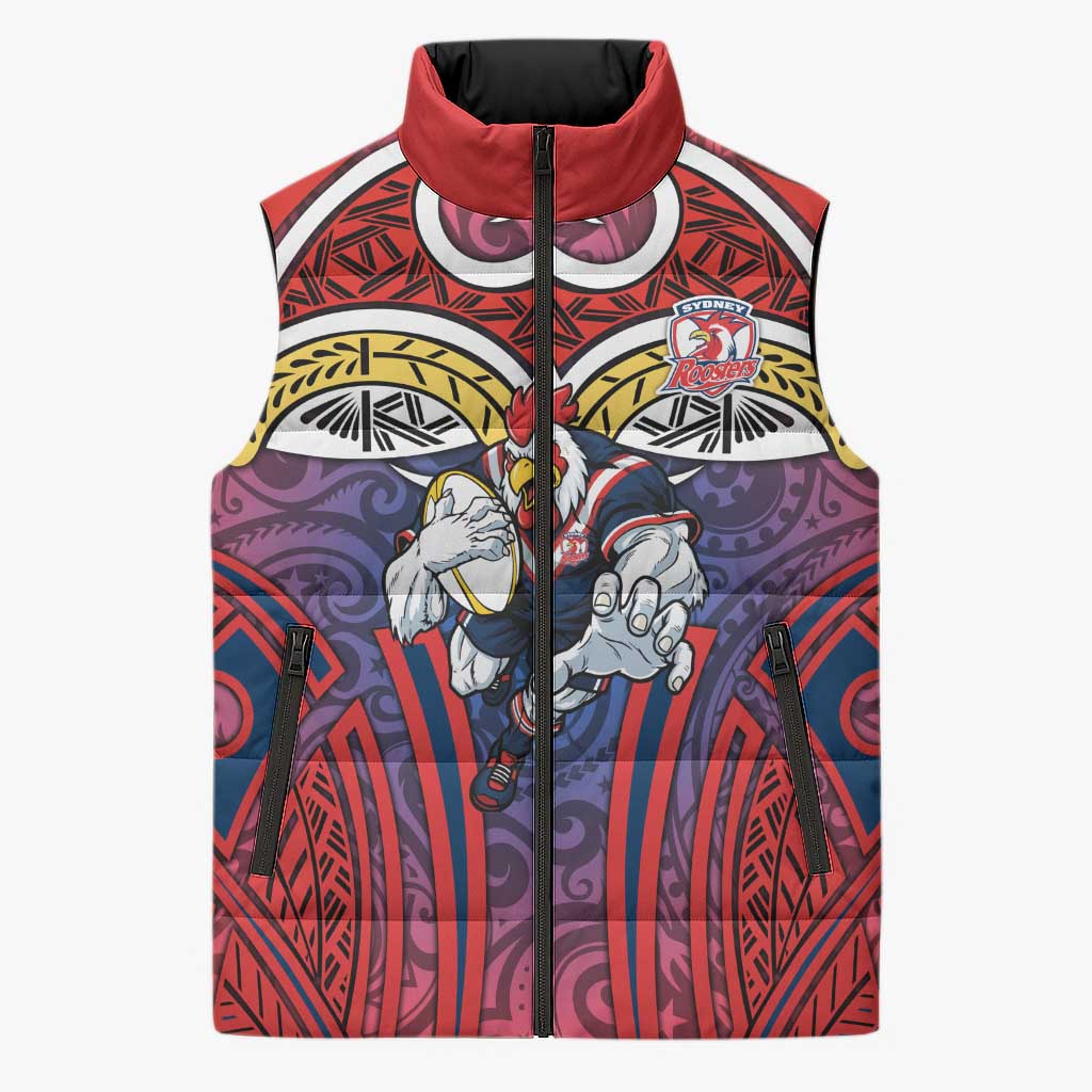 Sydney Roosters Rugby Sleeveless Puffer Jacket Polynesian Tribal Rooster Warrior Red Blue Pattern
