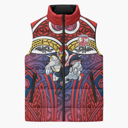Sydney Roosters Rugby Sleeveless Puffer Jacket Polynesian Tribal Rooster Warrior Red Blue Pattern