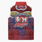 Sydney Roosters Rugby Sleeveless Puffer Jacket Polynesian Tribal Rooster Warrior Red Blue Pattern