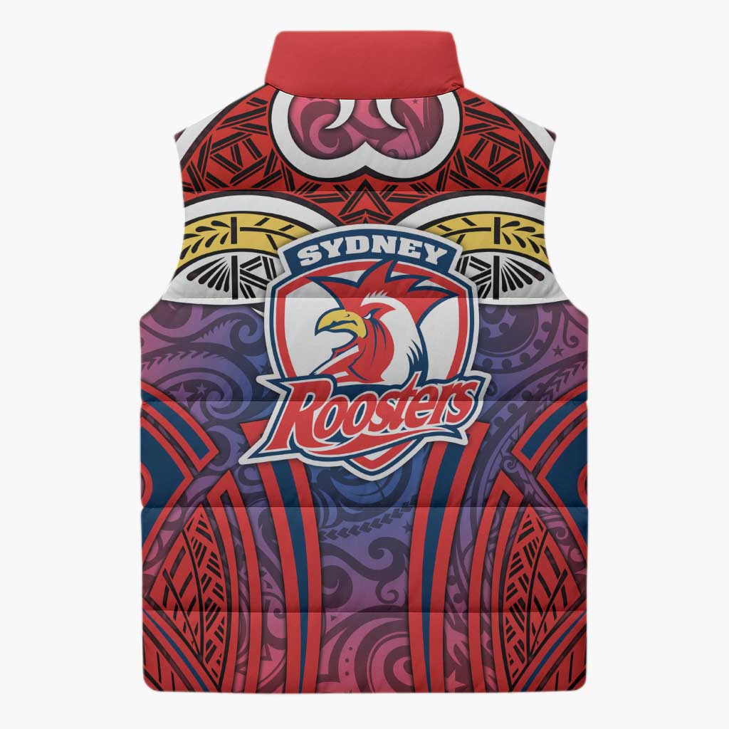 Sydney Roosters Rugby Sleeveless Puffer Jacket Polynesian Tribal Rooster Warrior Red Blue Pattern