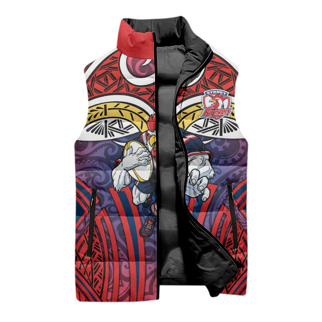 Sydney Roosters Rugby Sleeveless Puffer Jacket Polynesian Tribal Rooster Warrior Red Blue Pattern