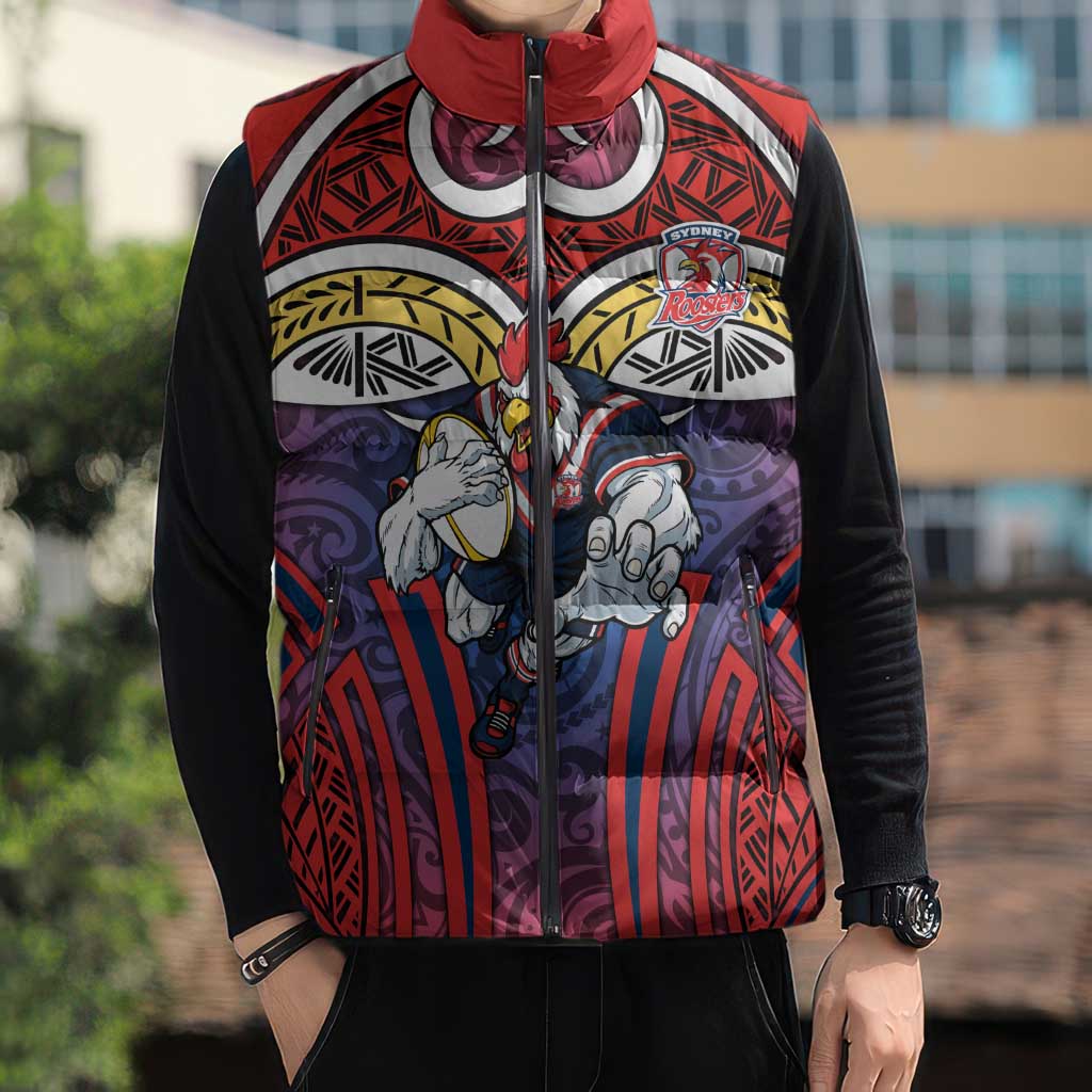 Sydney Roosters Rugby Sleeveless Puffer Jacket Polynesian Tribal Rooster Warrior Red Blue Pattern