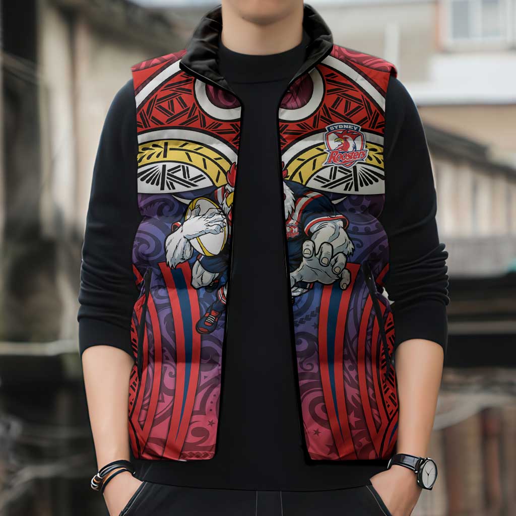 Sydney Roosters Rugby Sleeveless Puffer Jacket Polynesian Tribal Rooster Warrior Red Blue Pattern