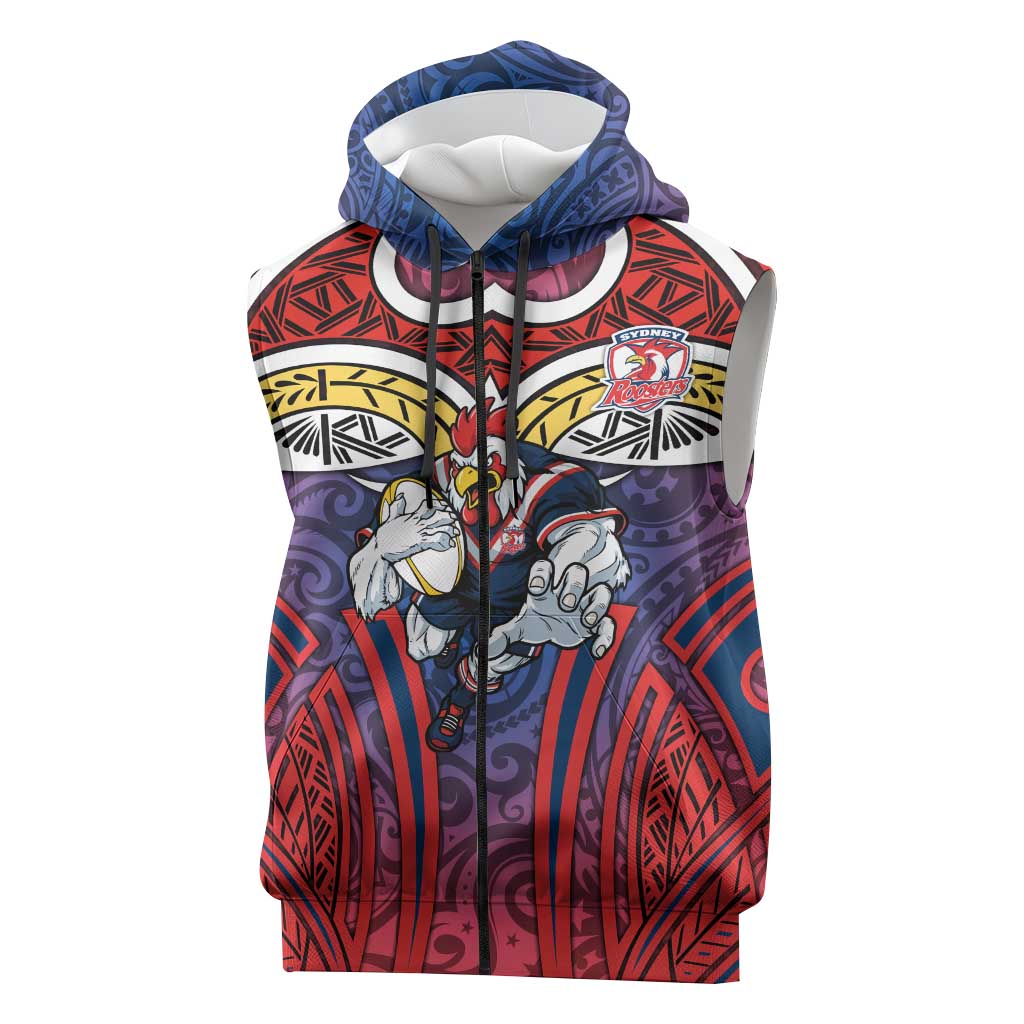 Sydney Roosters Rugby Sleeveless Zip Hoodie Polynesian Tribal Rooster Warrior Red Blue Pattern