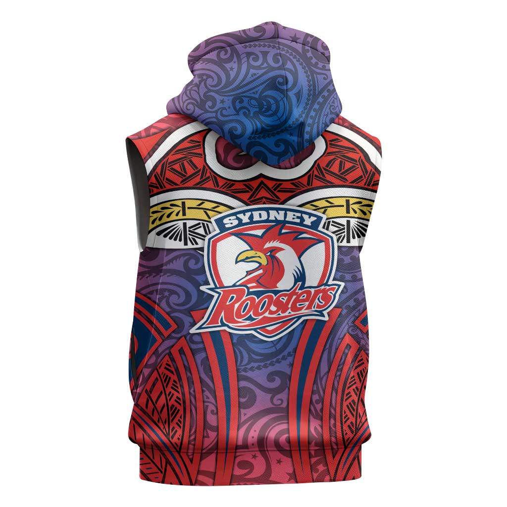 Sydney Roosters Rugby Sleeveless Zip Hoodie Polynesian Tribal Rooster Warrior Red Blue Pattern