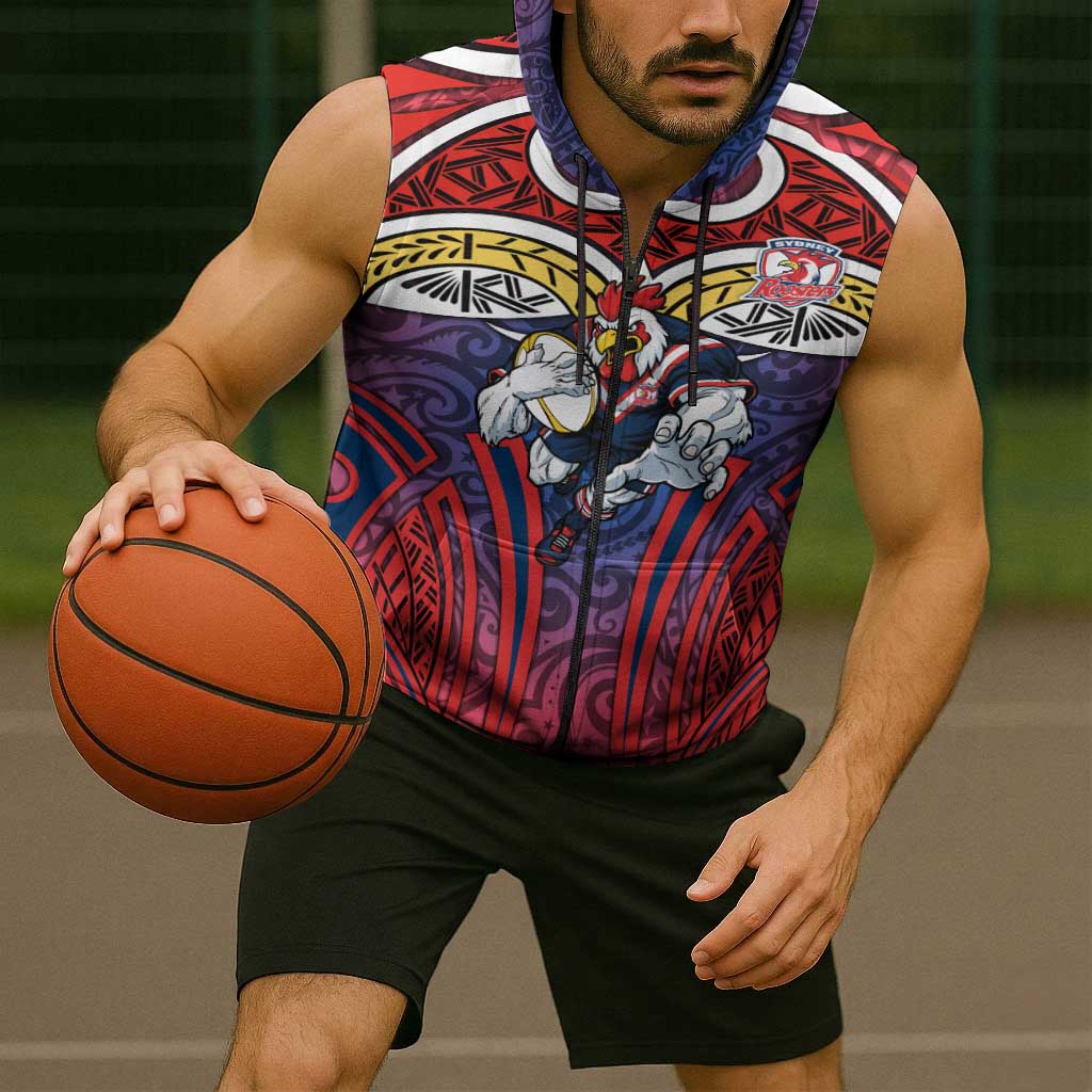 Sydney Roosters Rugby Sleeveless Zip Hoodie Polynesian Tribal Rooster Warrior Red Blue Pattern