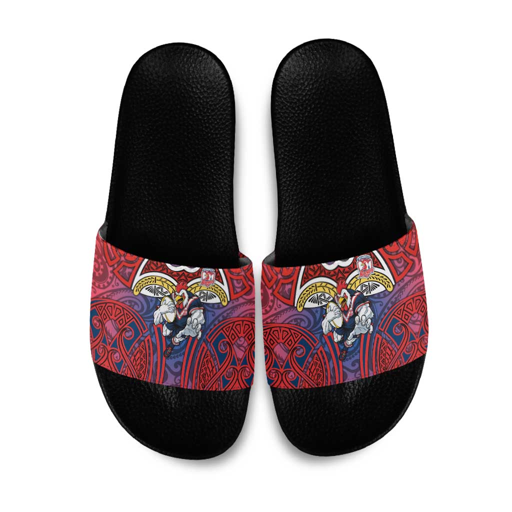 Sydney Roosters Rugby Slide Sandals Polynesian Tribal Rooster Warrior Red Blue Pattern