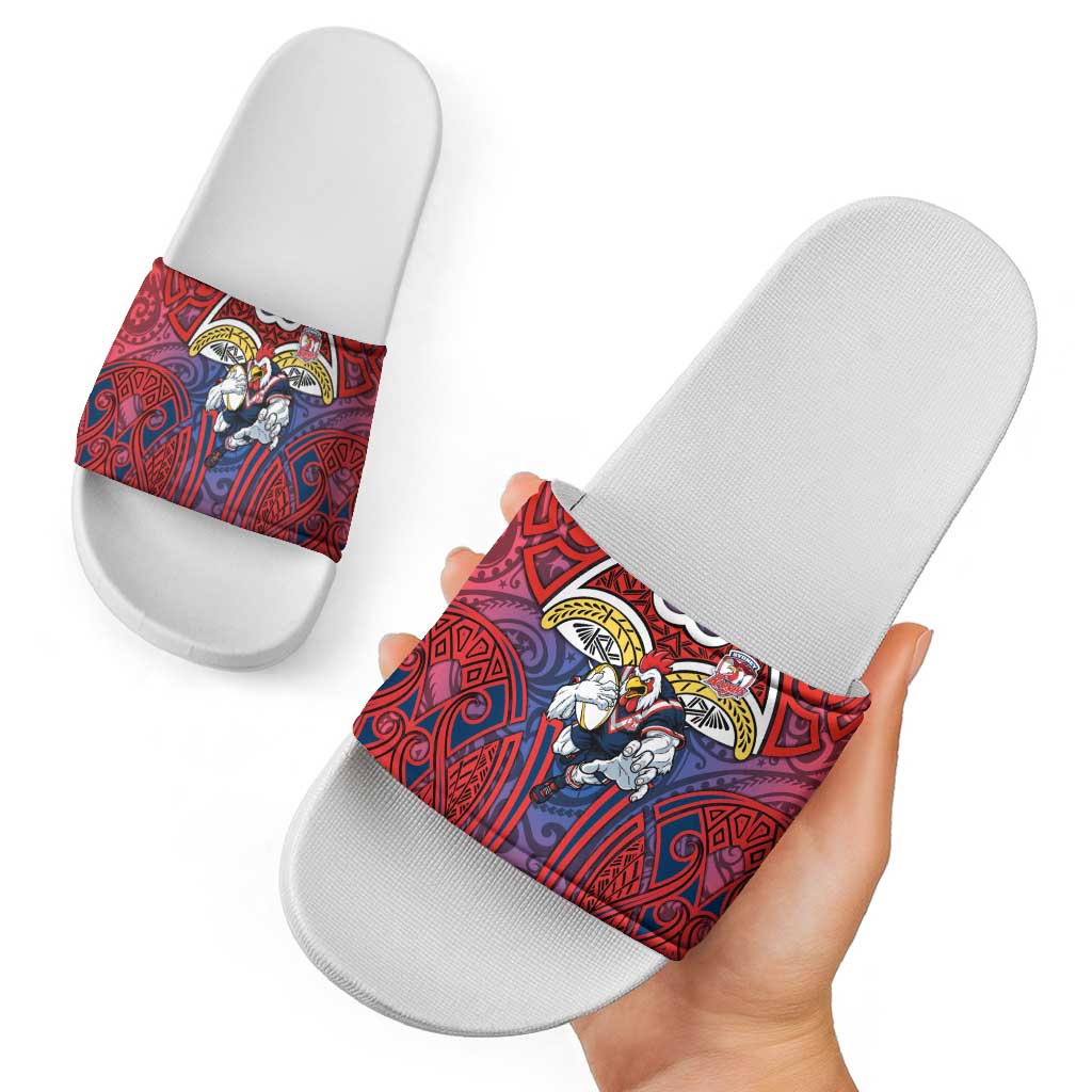Sydney Roosters Rugby Slide Sandals Polynesian Tribal Rooster Warrior Red Blue Pattern