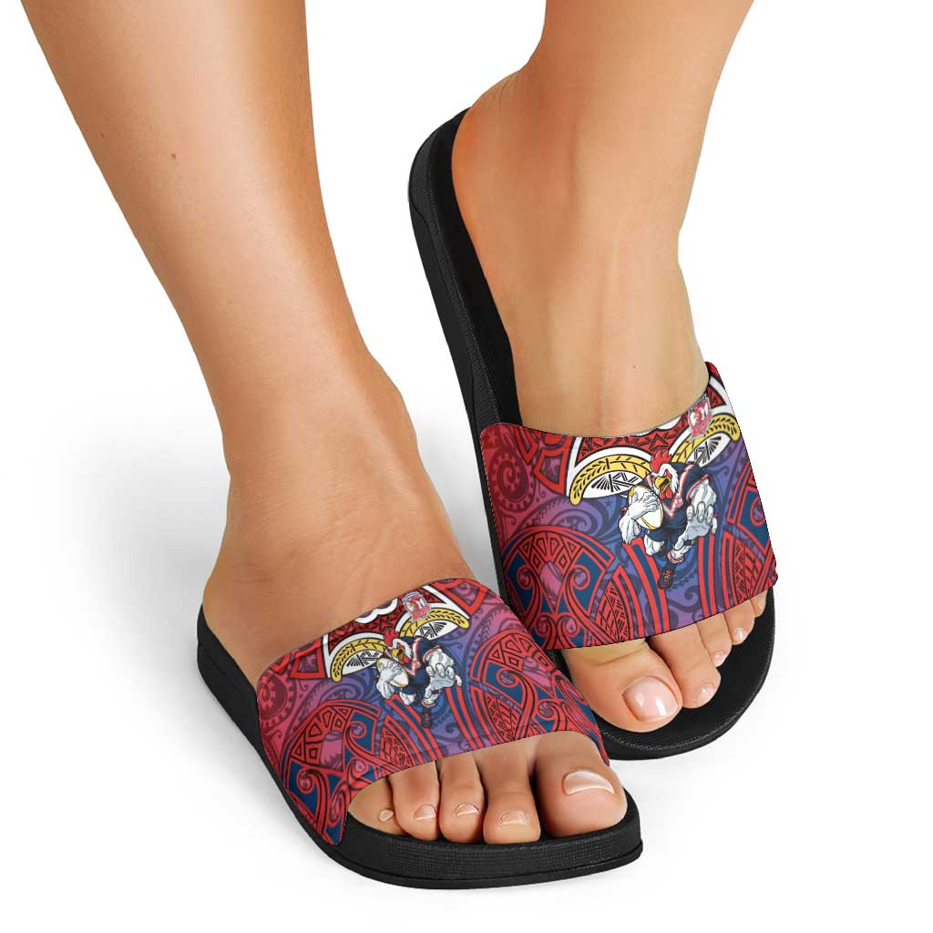 Sydney Roosters Rugby Slide Sandals Polynesian Tribal Rooster Warrior Red Blue Pattern