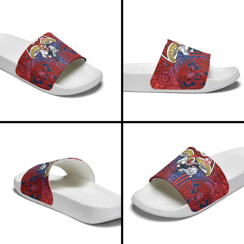Sydney Roosters Rugby Slide Sandals Polynesian Tribal Rooster Warrior Red Blue Pattern