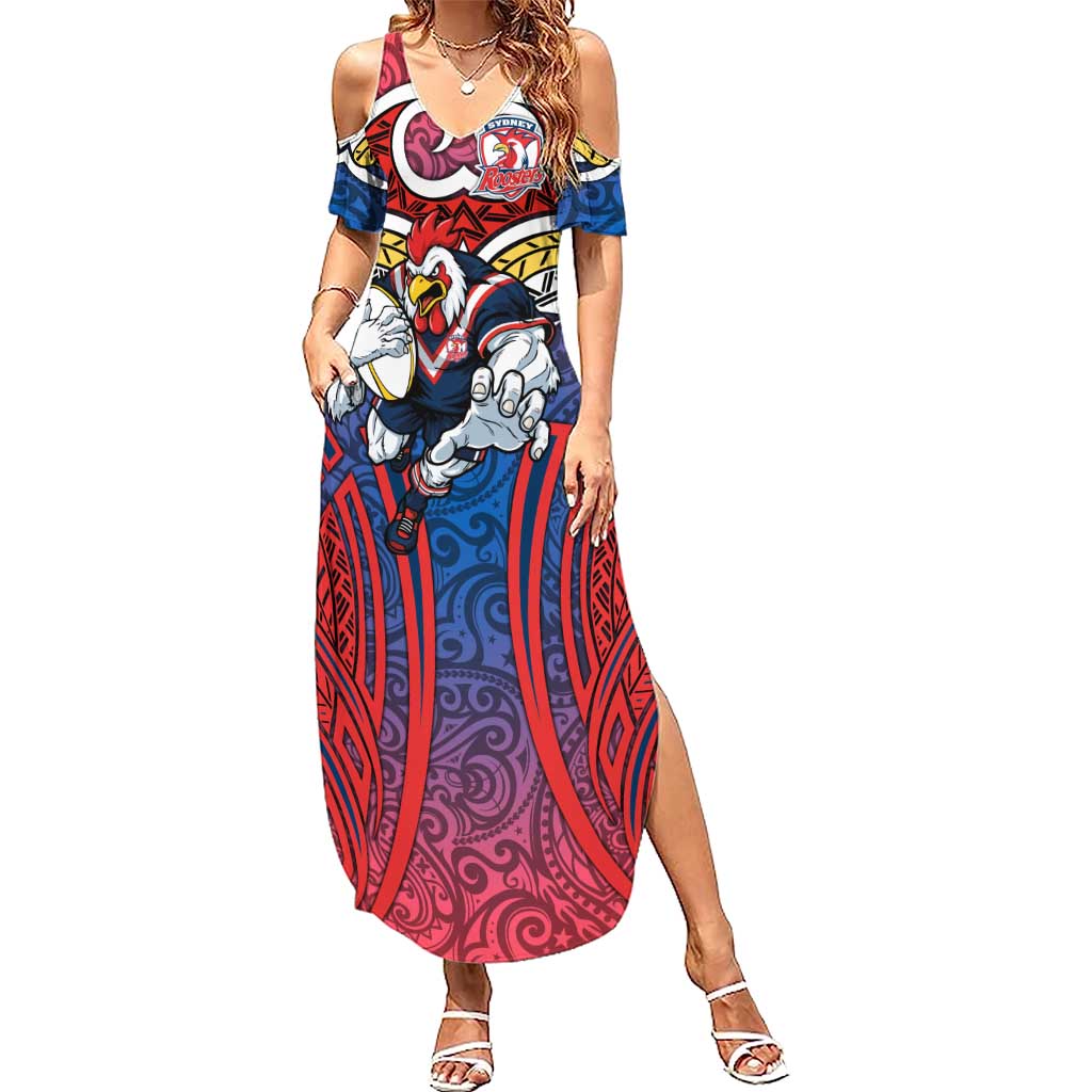 Sydney Roosters Rugby Summer Maxi Dress Polynesian Tribal Rooster Warrior Red Blue Pattern