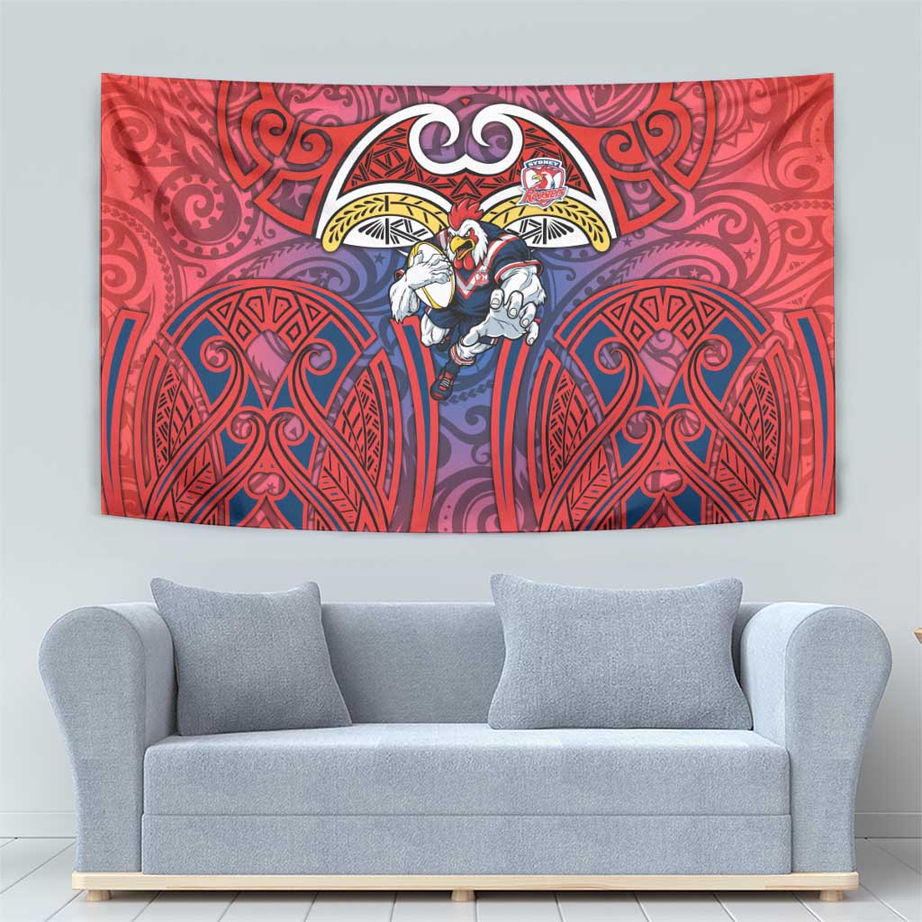 Sydney Roosters Rugby Tapestry Polynesian Tribal Rooster Warrior Red Blue Pattern