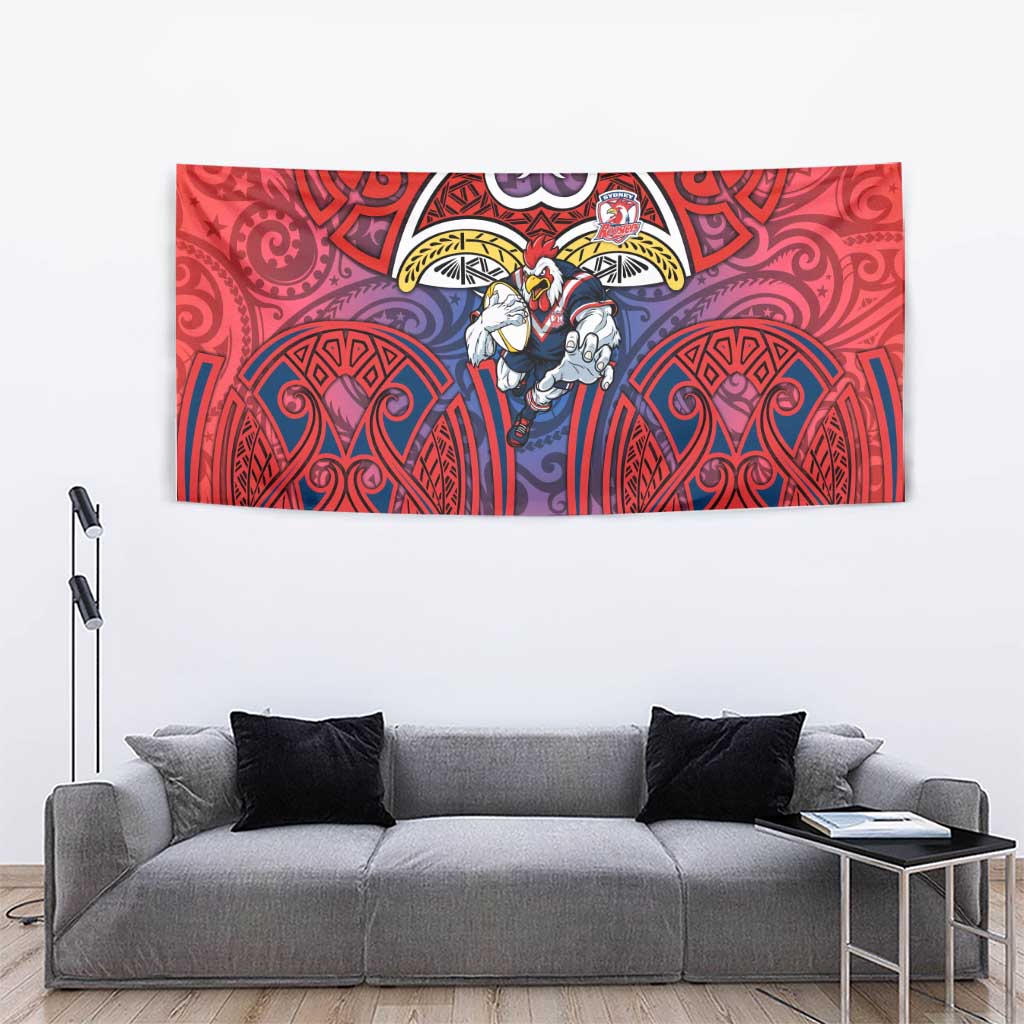 Sydney Roosters Rugby Tapestry Polynesian Tribal Rooster Warrior Red Blue Pattern