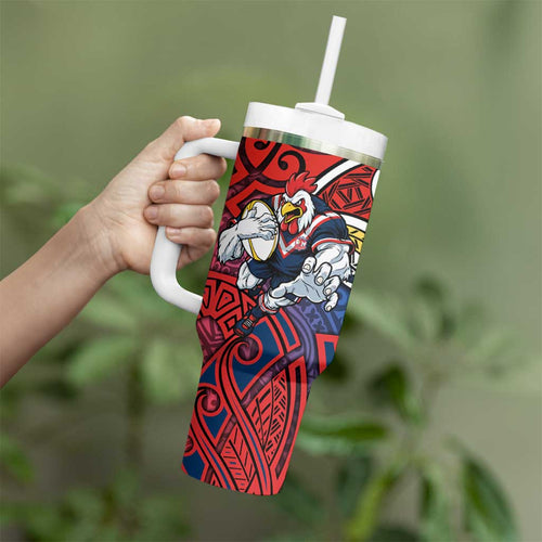 Sydney Roosters Rugby Tumbler With Handle Polynesian Tribal Rooster Warrior Red Blue Pattern