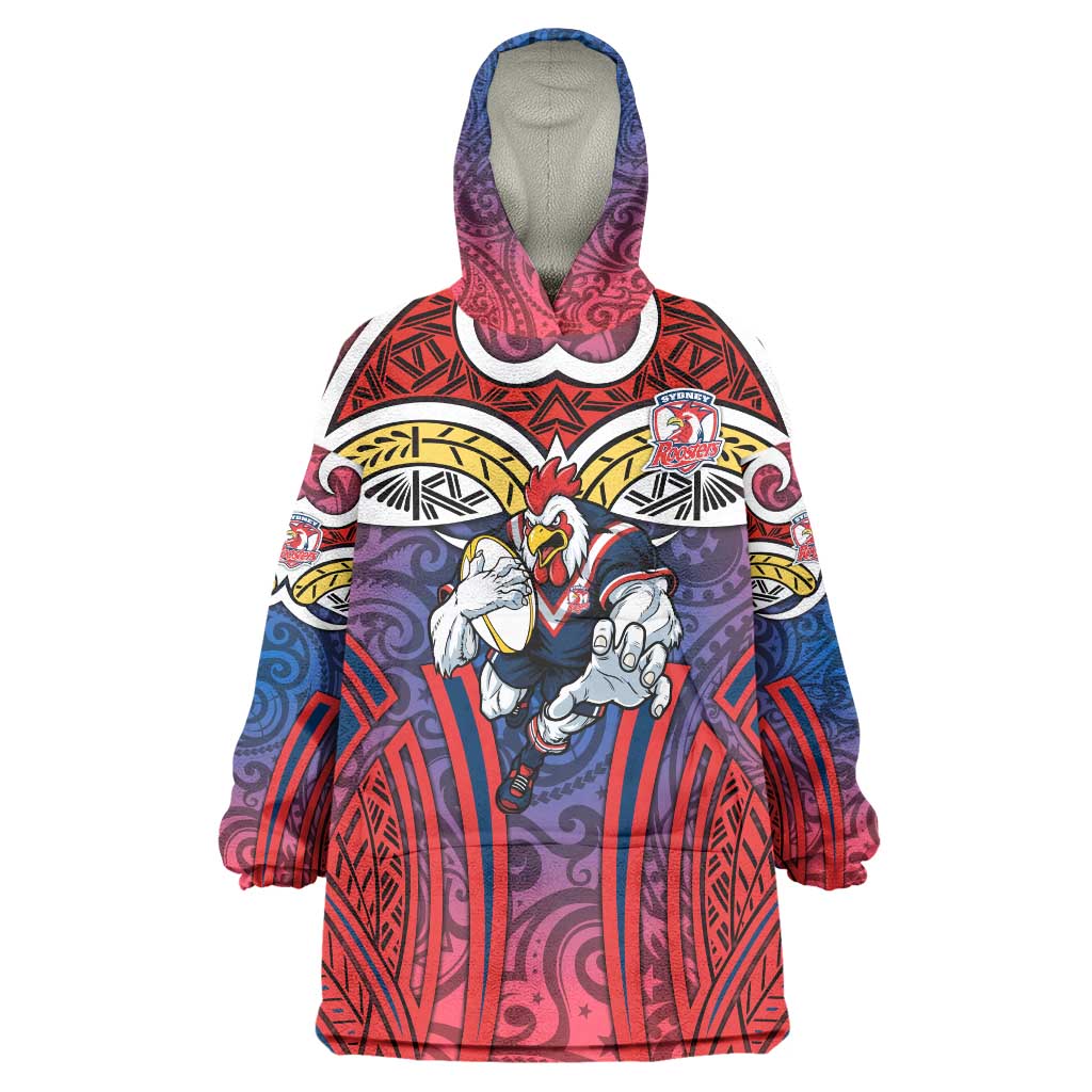 Sydney Roosters Rugby Wearable Blanket Hoodie Polynesian Tribal Rooster Warrior Red Blue Pattern