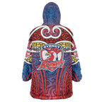 Sydney Roosters Rugby Wearable Blanket Hoodie Polynesian Tribal Rooster Warrior Red Blue Pattern