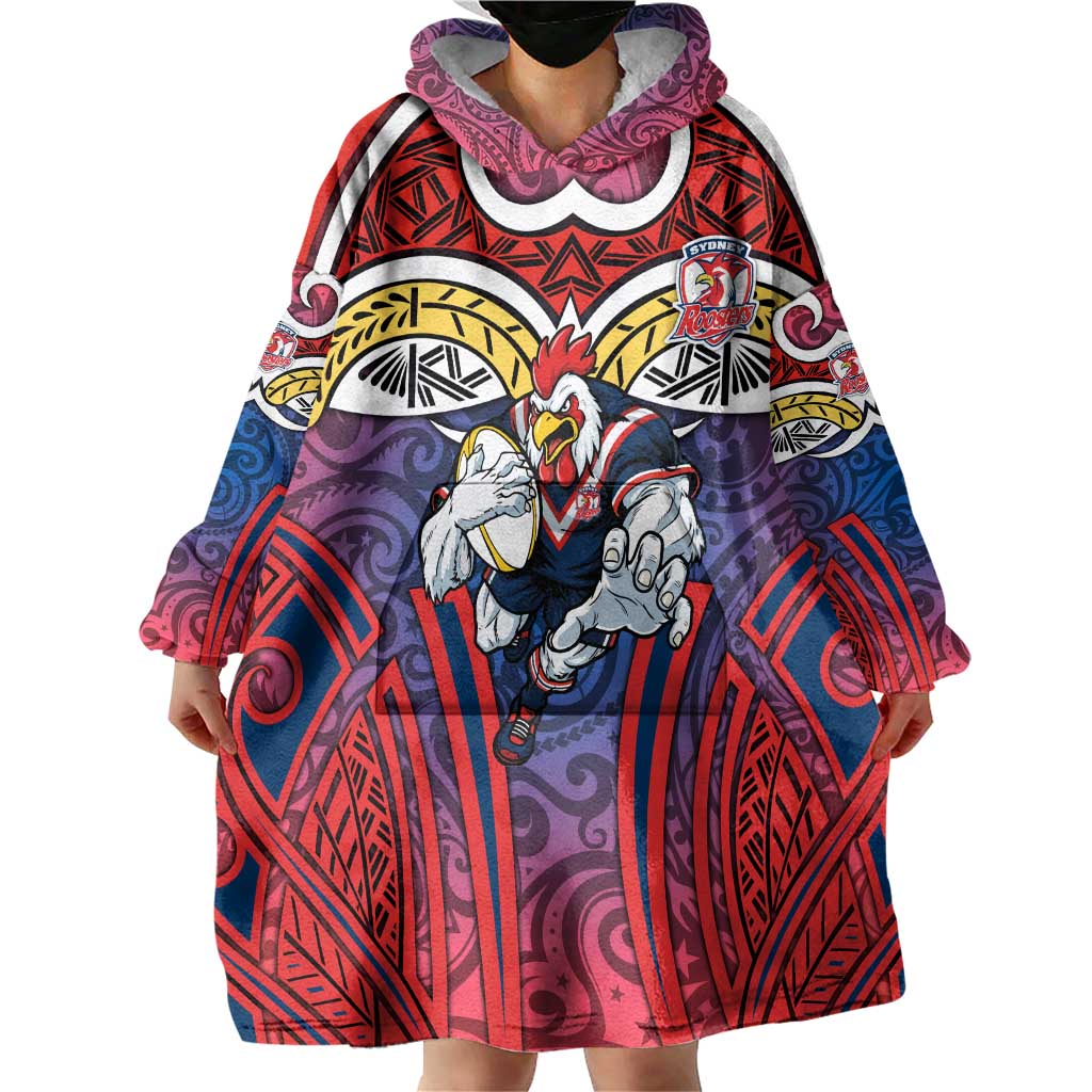 Sydney Roosters Rugby Wearable Blanket Hoodie Polynesian Tribal Rooster Warrior Red Blue Pattern