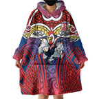 Sydney Roosters Rugby Wearable Blanket Hoodie Polynesian Tribal Rooster Warrior Red Blue Pattern