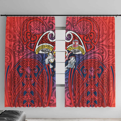 Sydney Roosters Rugby Window Curtain Polynesian Tribal Rooster Warrior Red Blue Pattern