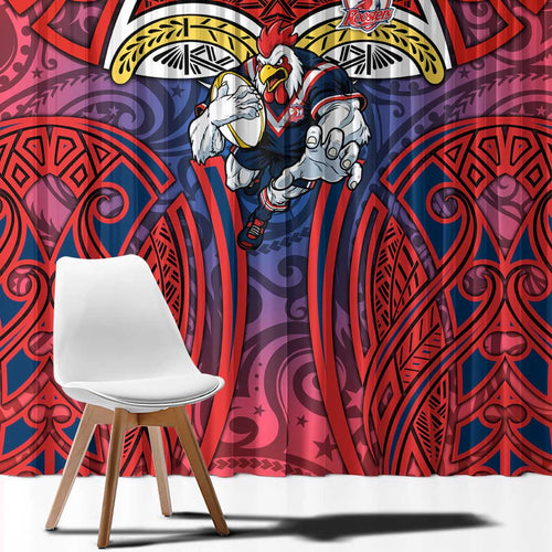 Sydney Roosters Rugby Window Curtain Polynesian Tribal Rooster Warrior Red Blue Pattern