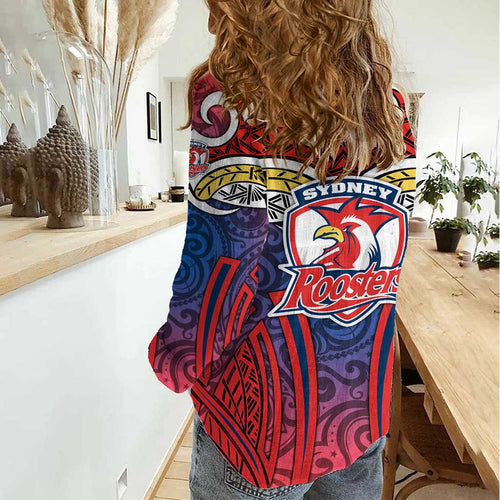 Sydney Roosters Rugby Women Casual Shirt Polynesian Tribal Rooster Warrior Red Blue Pattern