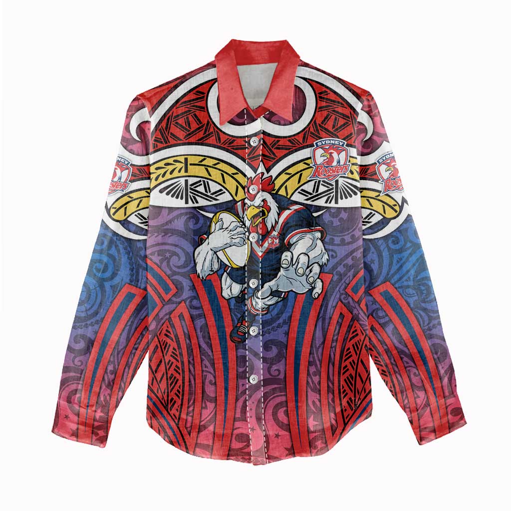 Sydney Roosters Rugby Women Casual Shirt Polynesian Tribal Rooster Warrior Red Blue Pattern