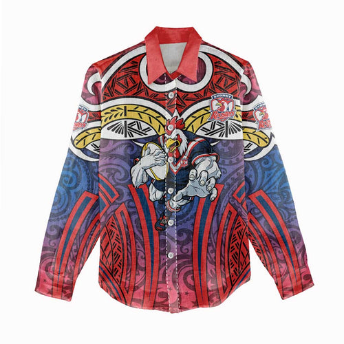 Sydney Roosters Rugby Women Casual Shirt Polynesian Tribal Rooster Warrior Red Blue Pattern