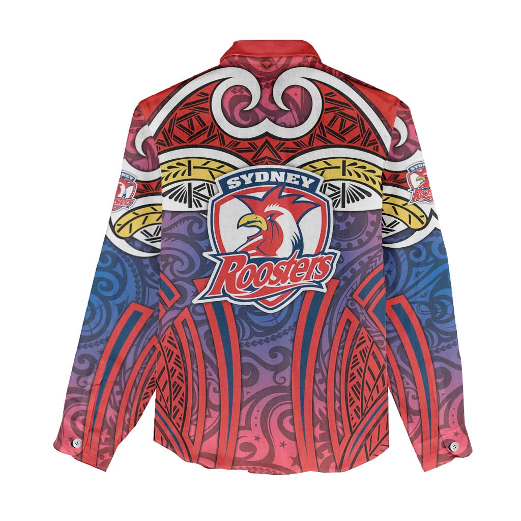 Sydney Roosters Rugby Women Casual Shirt Polynesian Tribal Rooster Warrior Red Blue Pattern