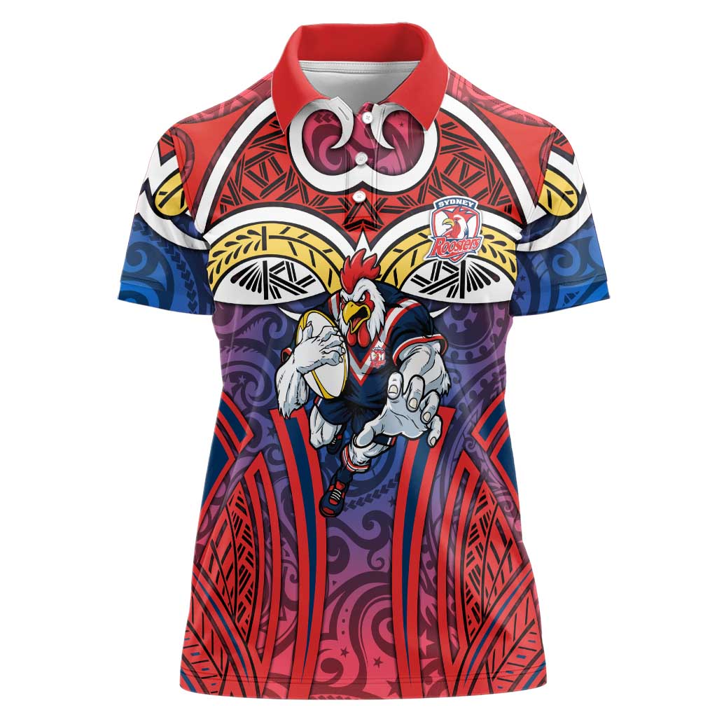 Sydney Roosters Rugby Women Polo Shirt Polynesian Tribal Rooster Warrior Red Blue Pattern