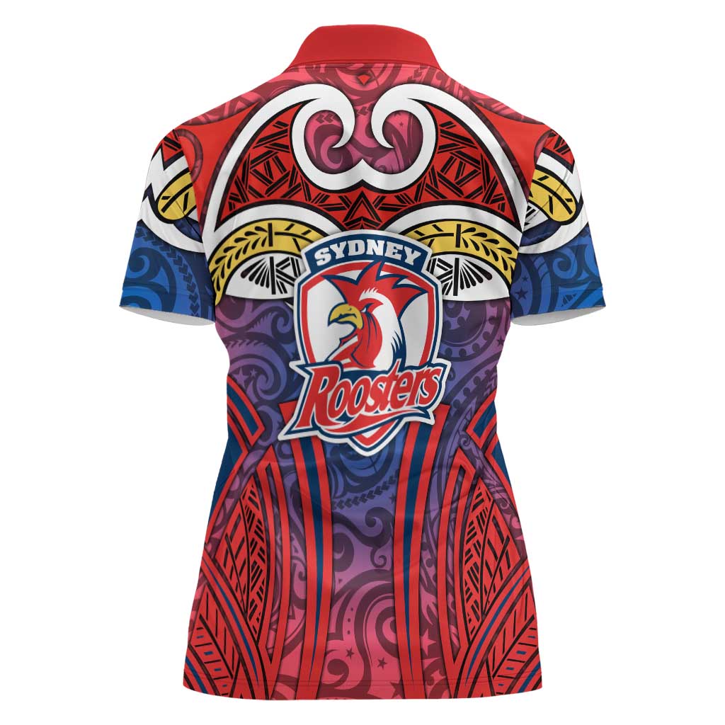 Sydney Roosters Rugby Women Polo Shirt Polynesian Tribal Rooster Warrior Red Blue Pattern
