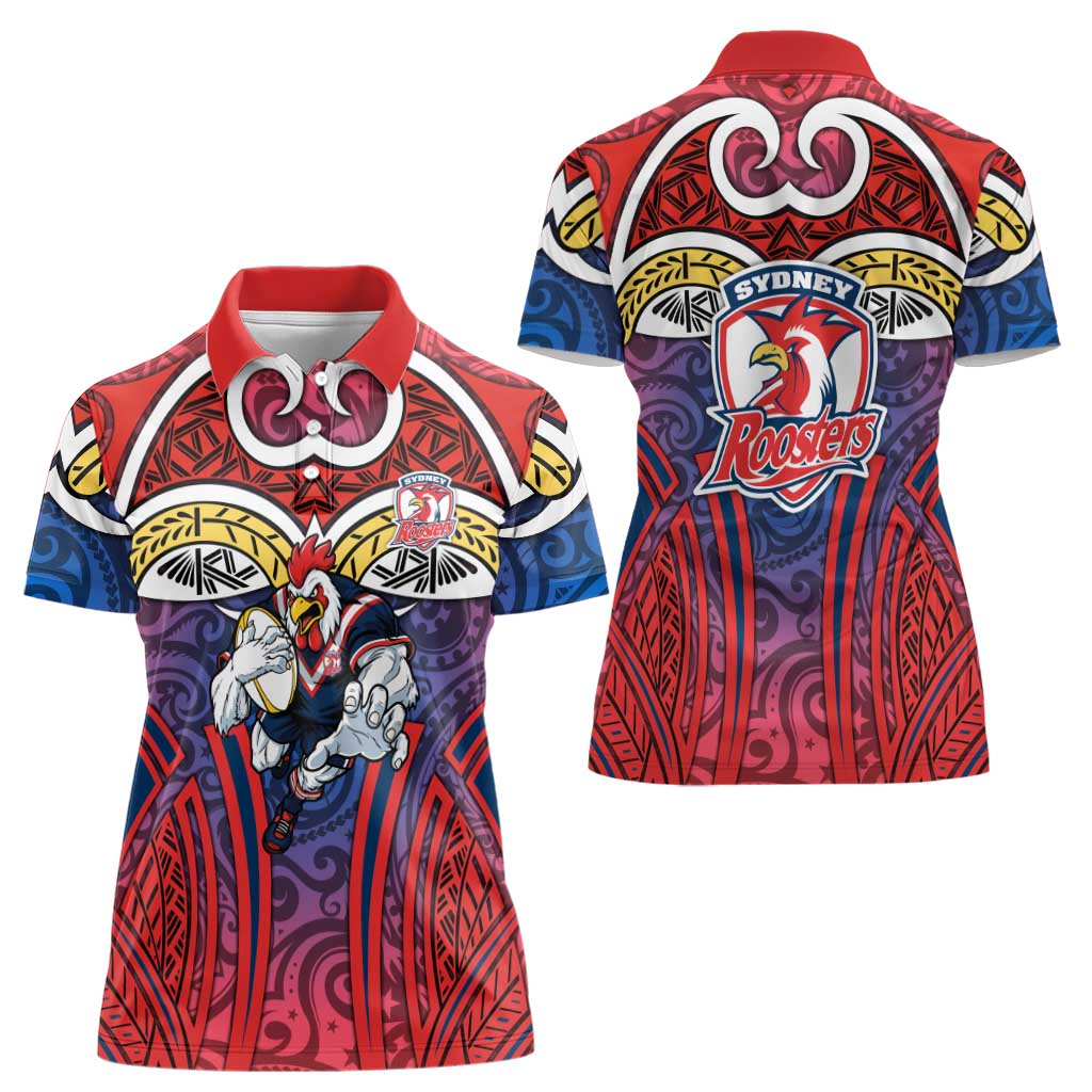 Sydney Roosters Rugby Women Polo Shirt Polynesian Tribal Rooster Warrior Red Blue Pattern