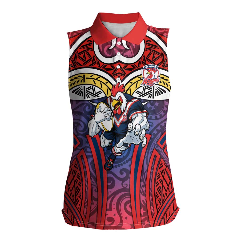 Sydney Roosters Rugby Women Sleeveless Polo Shirt Polynesian Tribal Rooster Warrior Red Blue Pattern