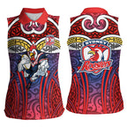 Sydney Roosters Rugby Women Sleeveless Polo Shirt Polynesian Tribal Rooster Warrior Red Blue Pattern