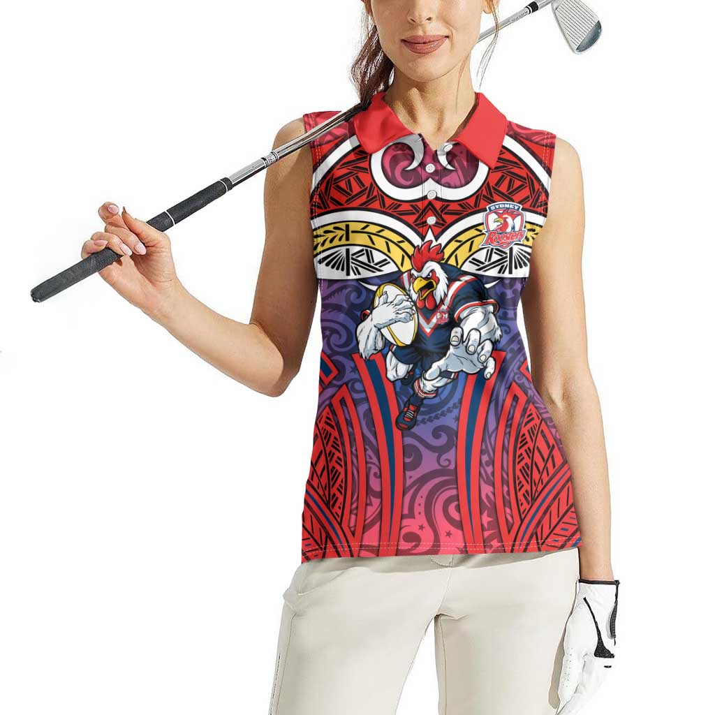 Sydney Roosters Rugby Women Sleeveless Polo Shirt Polynesian Tribal Rooster Warrior Red Blue Pattern