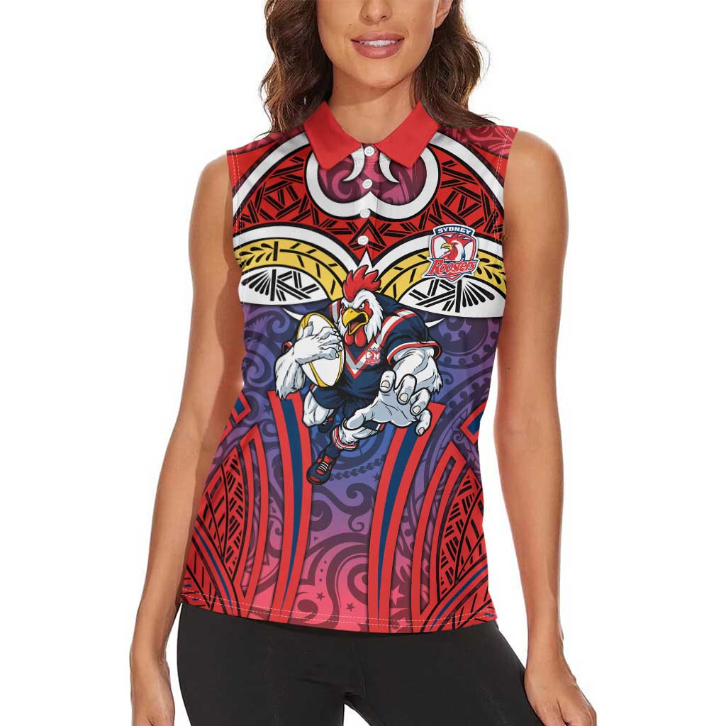 Sydney Roosters Rugby Women Sleeveless Polo Shirt Polynesian Tribal Rooster Warrior Red Blue Pattern