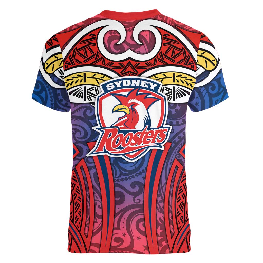 Sydney Roosters Rugby Women V-Neck T-Shirt Polynesian Tribal Rooster Warrior Red Blue Pattern