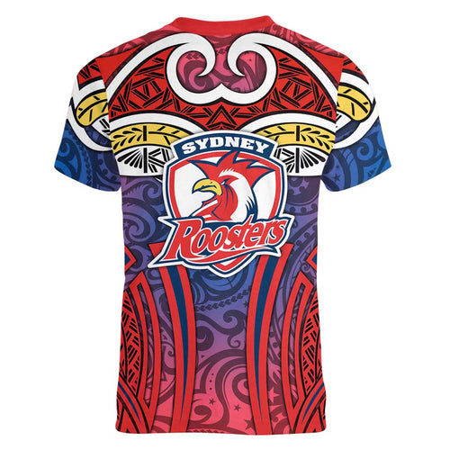 Sydney Roosters Rugby Women V-Neck T-Shirt Polynesian Tribal Rooster Warrior Red Blue Pattern
