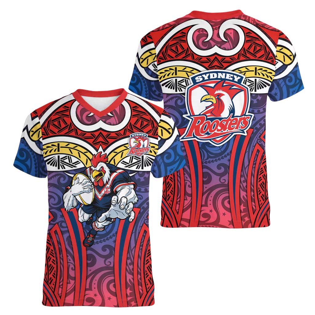 Sydney Roosters Rugby Women V-Neck T-Shirt Polynesian Tribal Rooster Warrior Red Blue Pattern