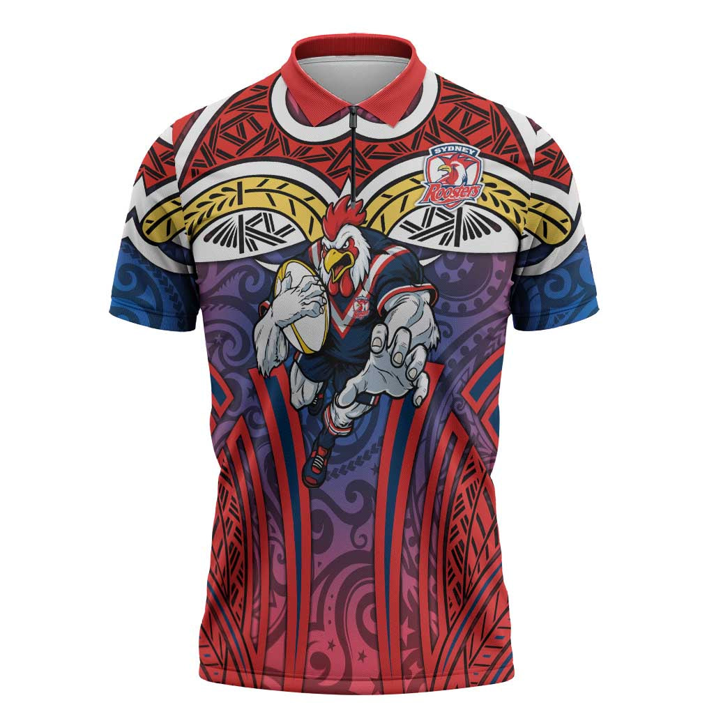 Sydney Roosters Rugby Zipper Polo Shirt Polynesian Tribal Rooster Warrior Red Blue Pattern