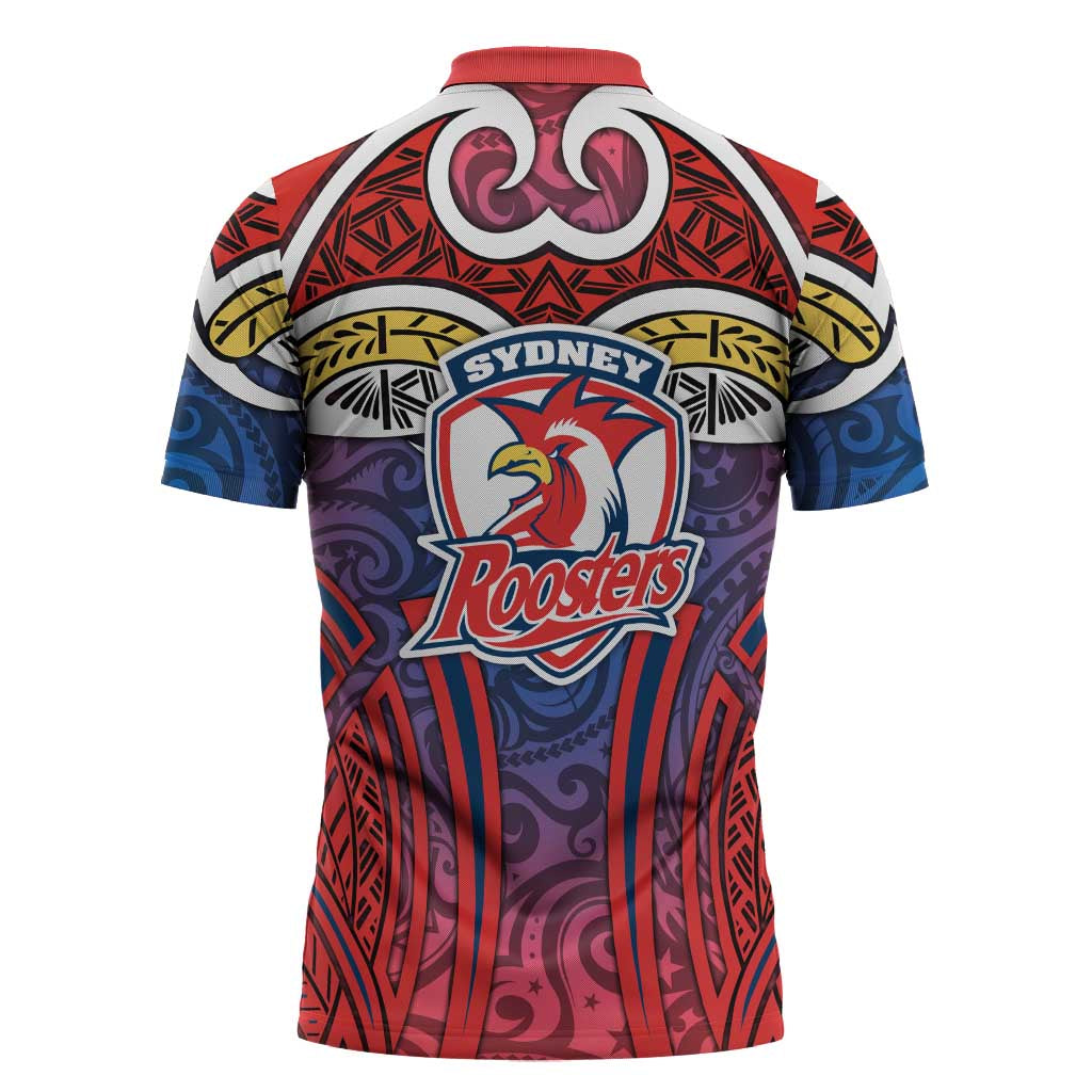 Sydney Roosters Rugby Zipper Polo Shirt Polynesian Tribal Rooster Warrior Red Blue Pattern