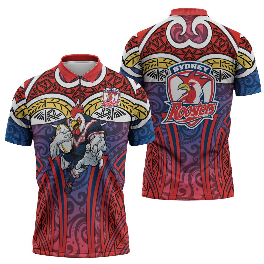 Sydney Roosters Rugby Zipper Polo Shirt Polynesian Tribal Rooster Warrior Red Blue Pattern