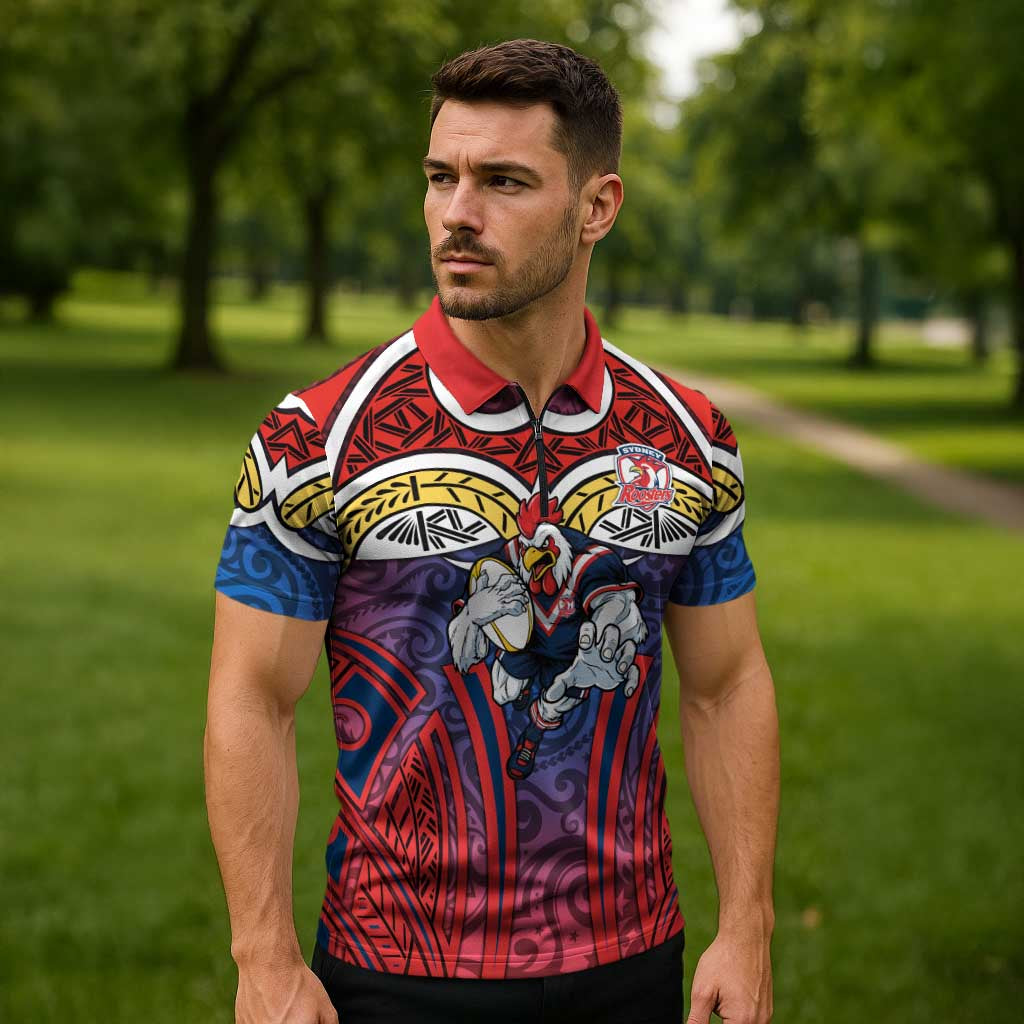 Sydney Roosters Rugby Zipper Polo Shirt Polynesian Tribal Rooster Warrior Red Blue Pattern
