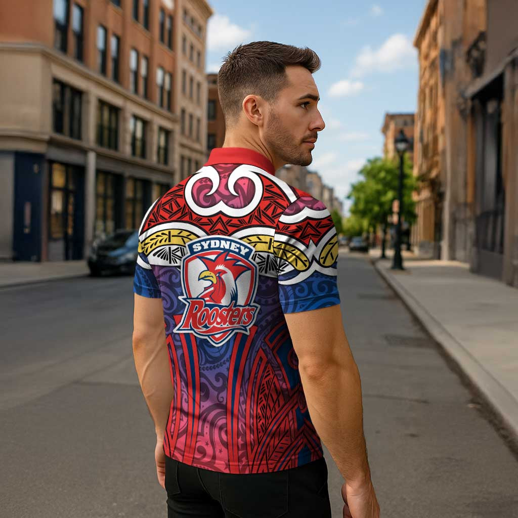 Sydney Roosters Rugby Zipper Polo Shirt Polynesian Tribal Rooster Warrior Red Blue Pattern